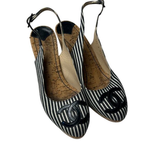 CHANEL Cruise 2008 Cork Striped CC Slingback Platform Heels Size 37 US 6.5 - Picture 2 of 9